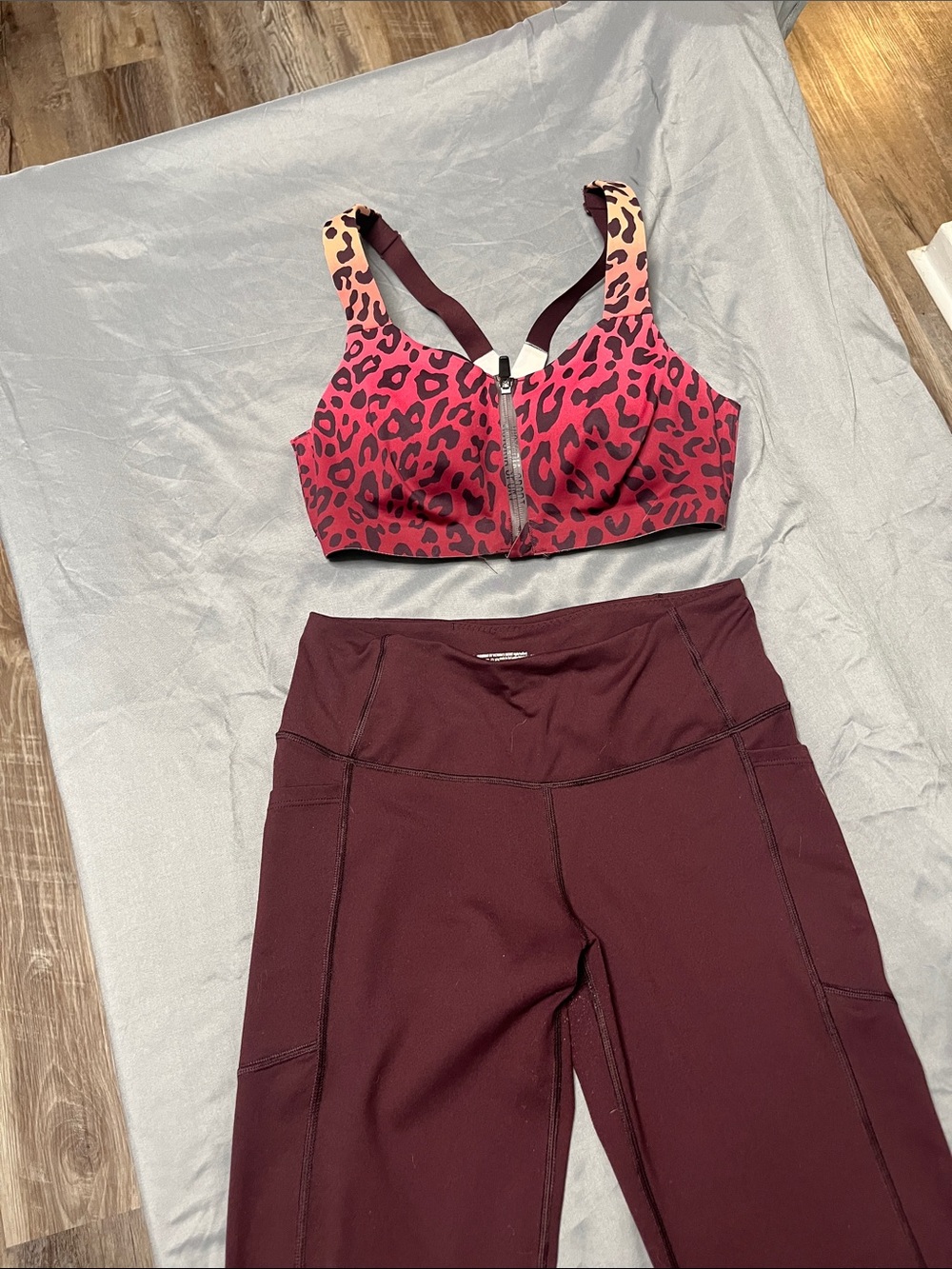 Leopard-Print Zip-Front Sports Bra in Pink & Burgundy leggings